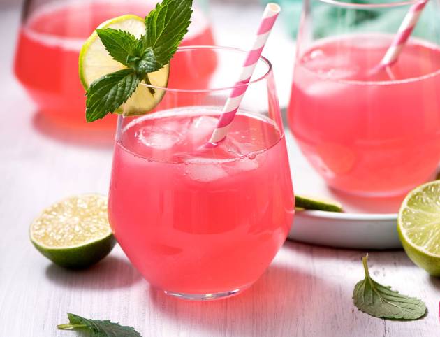 Refreshing summer rhubarb lemonade drink with lime and mint, square image